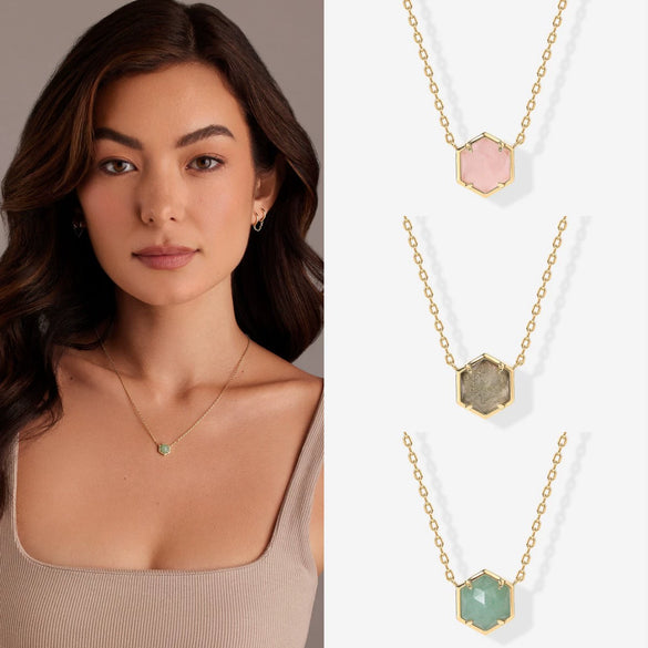 Wholesale Natural Stone Necklace Copper Mixed Gemstone Inlay Geometric Hexagonal O Chain For Women