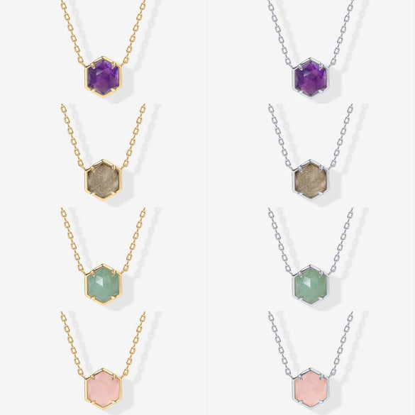 Wholesale Natural Stone Necklace Copper Mixed Gemstone Inlay Geometric Hexagonal O Chain For Women