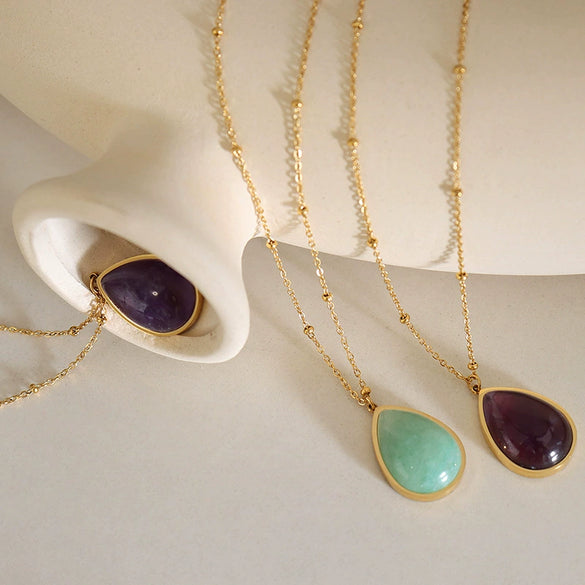 Wholesale Natural Stone Oval Dropshaped Pendant Clavicle Necklace 316L Stainless Steel Goldplated