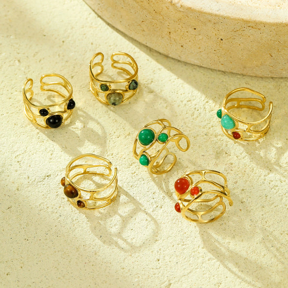 Wholesale Natural Stone Ring Stainless Steel Light Luxury Style Electroplated