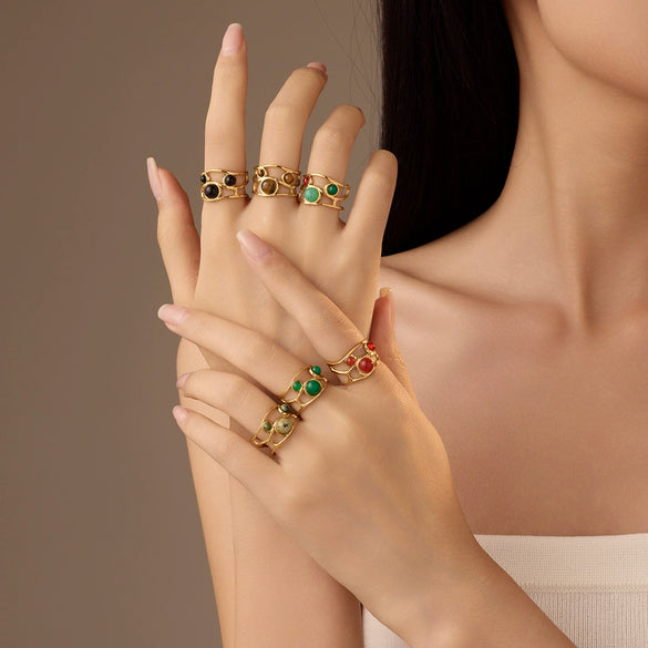Wholesale Natural Stone Ring Stainless Steel Light Luxury Style Electroplated