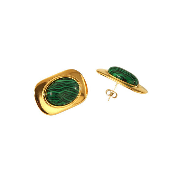 Wholesale Natural Stone Stainless Steel Earrings And Malachite Ring Jewelry Set With Geometric Pattern And Vacuum Real Gold Electroplating
