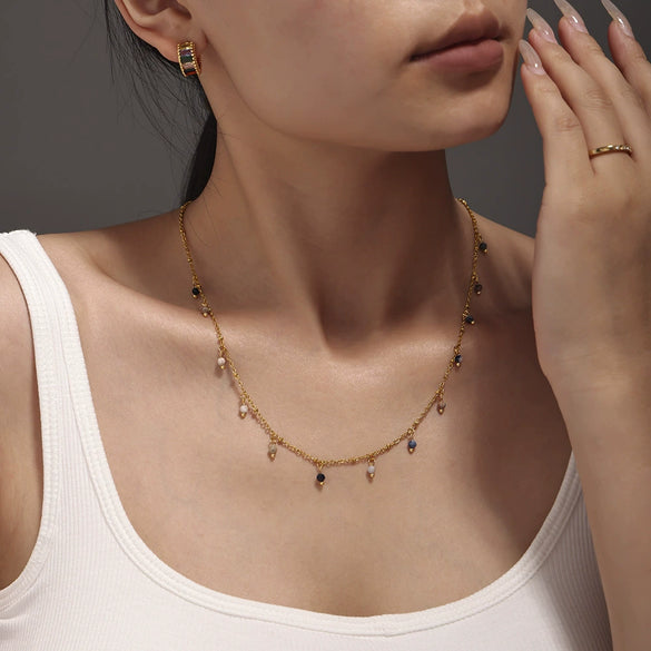 Wholesale Natural Stone 316L Stainless Steel Geometric Handmade Double Layer Overlay Electroplated 18K Gold Colorpreserving Women's Clavicle Necklace