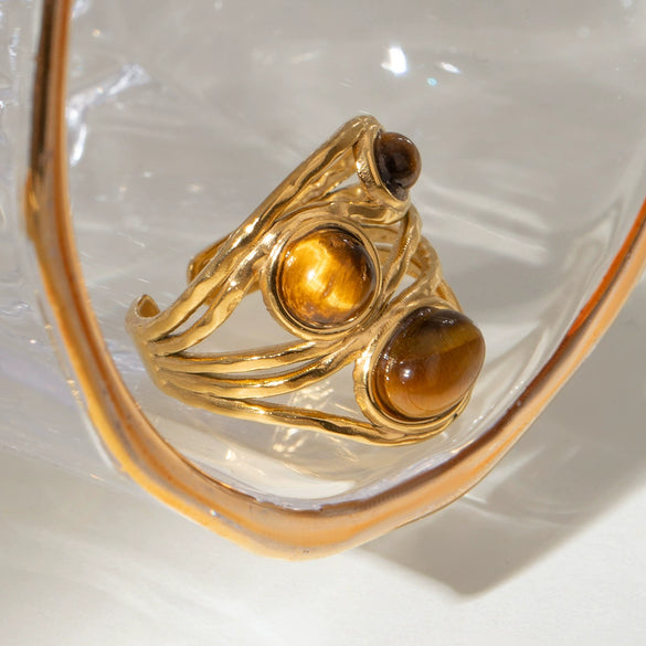 Wholesale Natural Stone Tiger Eye Stone Line Opening Ring Retro Design Titanium Steel Ring With Geometric Pattern And Electroplating Treatment For Women