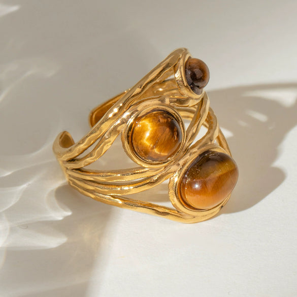 Wholesale Natural Stone Tiger Eye Stone Line Opening Ring Retro Design Titanium Steel Ring With Geometric Pattern And Electroplating Treatment For Women