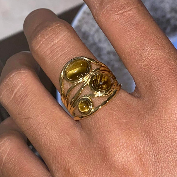 Wholesale Natural Stone Tiger Eye Stone Line Opening Ring Retro Design Titanium Steel Ring With Geometric Pattern And Electroplating Treatment For Women