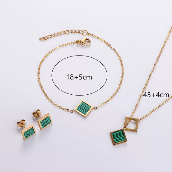 Wholesale Natural Style Plant Flowers Pattern Square Stainless Steel Electroplated Earrings Necklace Bracelet Threepiece Set For Women