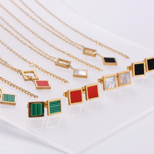 Wholesale Natural Style Plant Flowers Pattern Square Stainless Steel Electroplated Earrings Necklace Bracelet Threepiece Set For Women