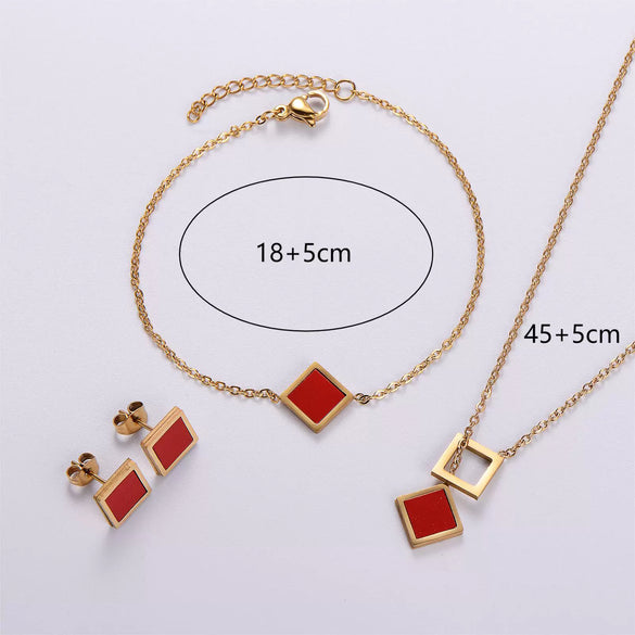 Wholesale Natural Style Plant Flowers Pattern Square Stainless Steel Electroplated Earrings Necklace Bracelet Threepiece Set For Women