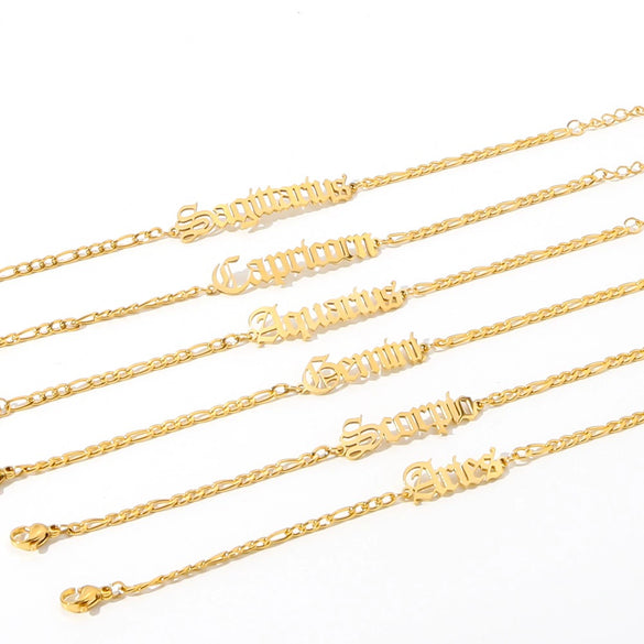 Wholesale Natural Style Twelve Constellations And Ancient English Letters Titanium Steel Bracelets With Electroplating