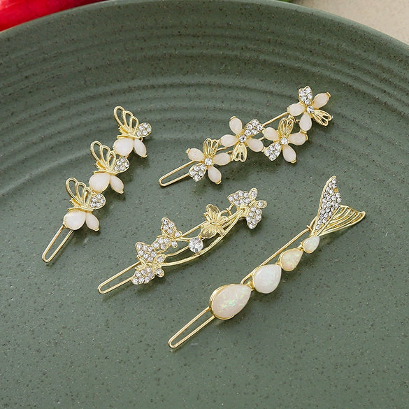 Wholesale Natural Style Zinc Alloy Hairpin With Butterfly Leaves Flowers Rhinestone For Women