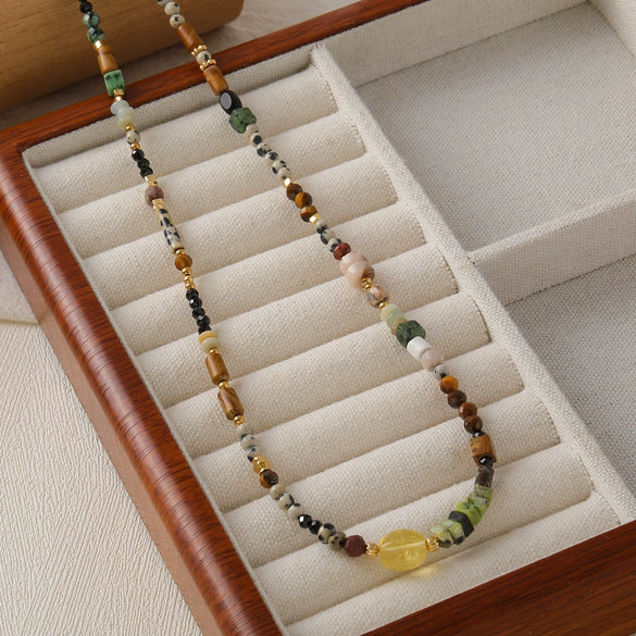 Wholesale Natural Tiger's Eye Stone And Picture Stone Beaded Handmade Geometric Pendant Necklace For Women