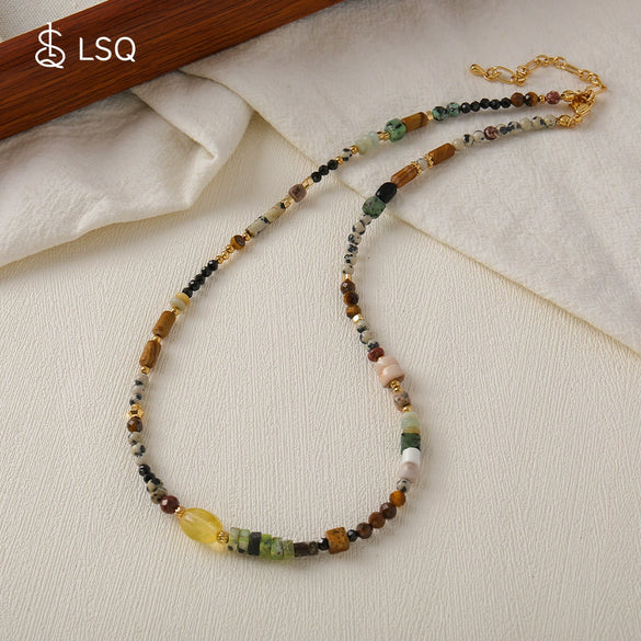 Wholesale Natural Tiger's Eye Stone And Picture Stone Beaded Handmade Geometric Pendant Necklace For Women