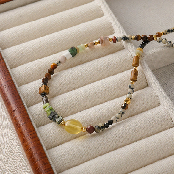Wholesale Natural Tiger's Eye Stone And Picture Stone Beaded Handmade Geometric Pendant Necklace For Women