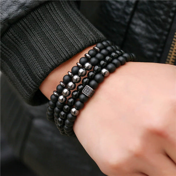 Wholesale Natural Wooden Beads And Copper Inlaid Zircon Beaded Bracelet Set Geometric Handmade Unisex