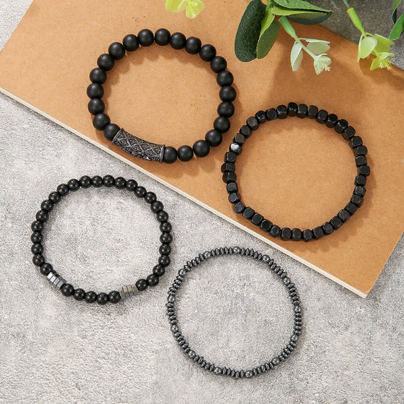 Wholesale Natural Wooden Beads And Copper Inlaid Zircon Beaded Bracelet Set Geometric Handmade Unisex