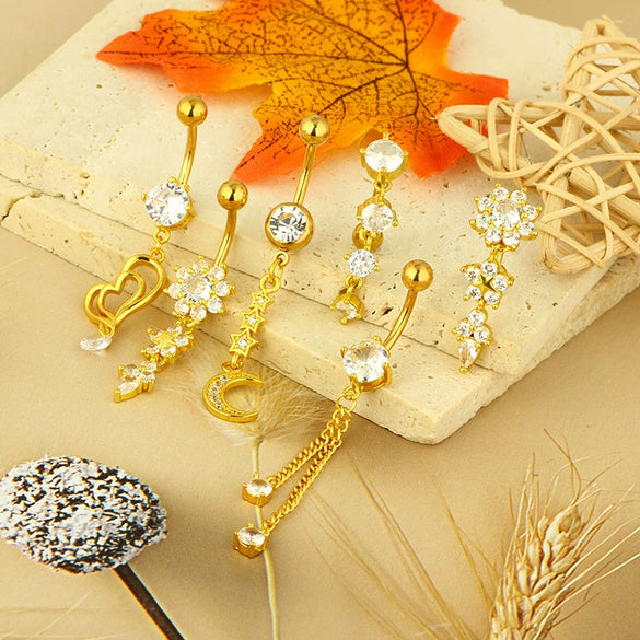 Wholesale Navel Ring Stainless Steel Inlaid Zircon With Heart Pattern And Electroplating Treatment Unisex
