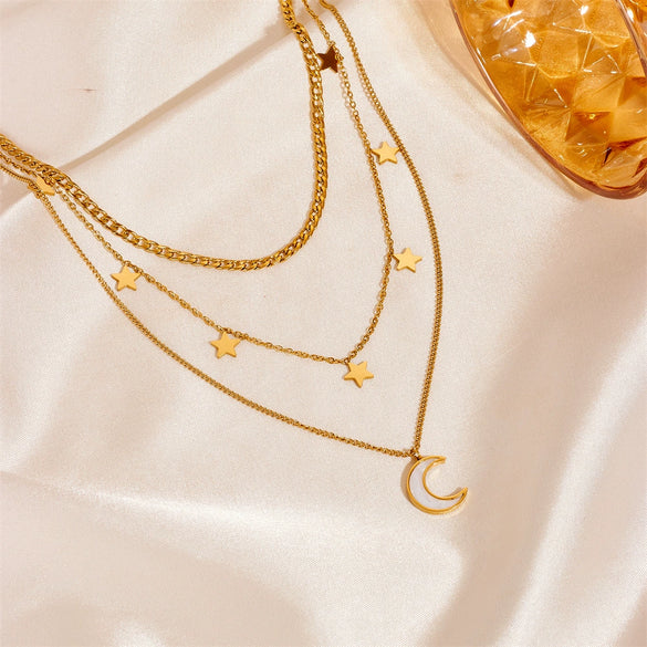 Wholesale Neck Chain Titanium Steel Geometric Moon Star Three Layer Design Women's