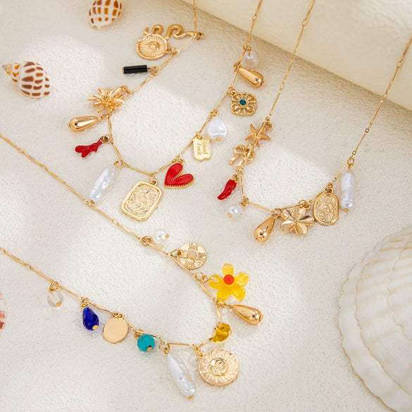 Wholesale Necklace Alloy Imitation Pearl Iron Chain Acrylic Turquoise Heart Shape Flower Drop Shape Geometric Electroplating