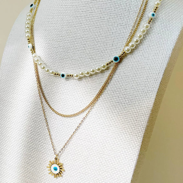 Wholesale Necklace Baroque Style Freshwater Pearl Stainless Steel Geometric Multilayer Simple Sun Pendant For Women