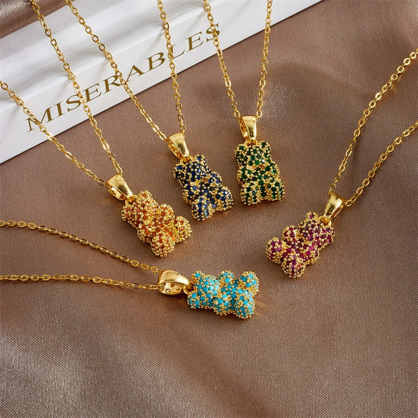 Wholesale Necklace Bear Animal Zodiac Pattern Copper Titanium Steel Electroplating Mixed Gem Inlay Ochain For Women Light Luxury Style