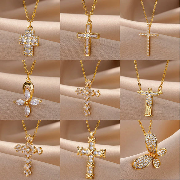 Wholesale Necklace Copper Gold Platinum Microinlaid Zircon Cross Pendant Ochain Light Luxury Retro Style For Women