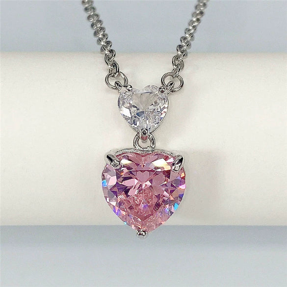 Wholesale Necklace Copper Mixed Gem Inlay Double Heart Design Pendant