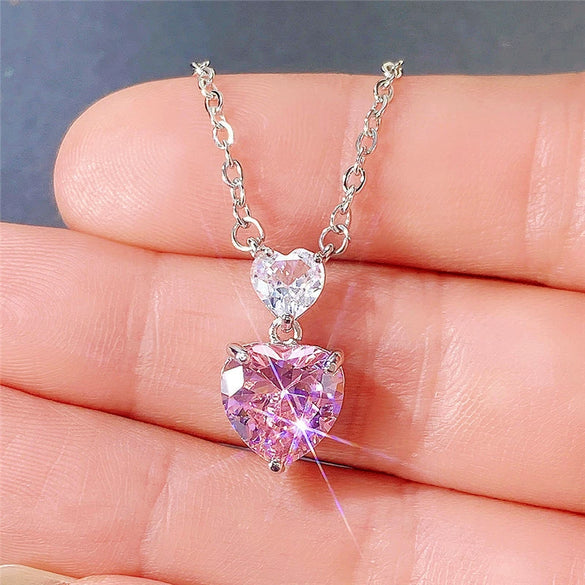 Wholesale Necklace Copper Mixed Gem Inlay Double Heart Design Pendant