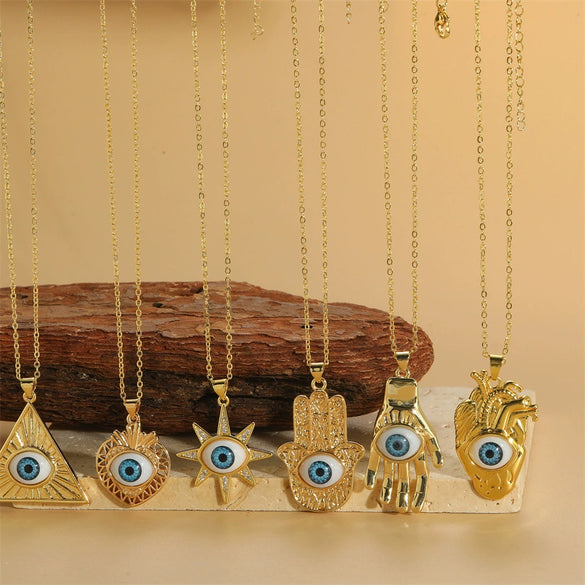 Wholesale Necklace Copper Mixed Gem Inlay Exaggerated Love Devil's Eye Heart Shape Palm Design Electroplating Ochain For Women