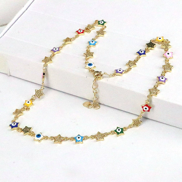 Wholesale Necklace Copper Mixed Gemstone Setting Geometric Fivepointed Star Electroplating Retro Style