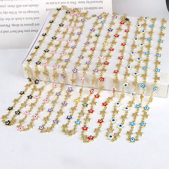 Wholesale Necklace Copper Mixed Gemstone Setting Geometric Fivepointed Star Electroplating Retro Style