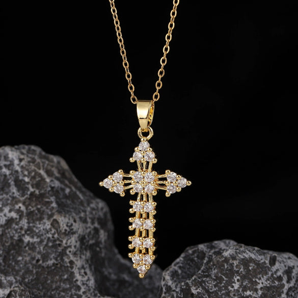 Wholesale Necklace Copper Zircon Electroplated Real Gold Geometric Cross Pendant For Women