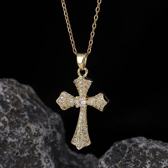Wholesale Necklace Copper Zircon Electroplated Real Gold Geometric Cross Pendant For Women