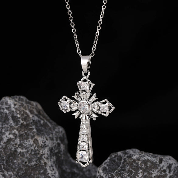 Wholesale Necklace Copper Zircon Electroplated Real Gold Geometric Cross Pendant For Women