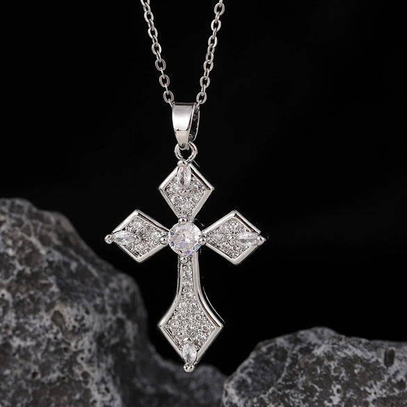 Wholesale Necklace Copper Zircon Electroplated Real Gold Geometric Cross Pendant For Women