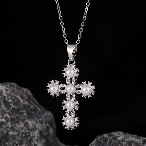 Wholesale Necklace Copper Zircon Electroplated Real Gold Geometric Cross Pendant For Women