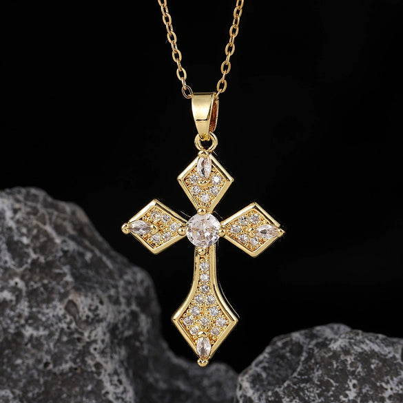 Wholesale Necklace Copper Zircon Electroplated Real Gold Geometric Cross Pendant For Women