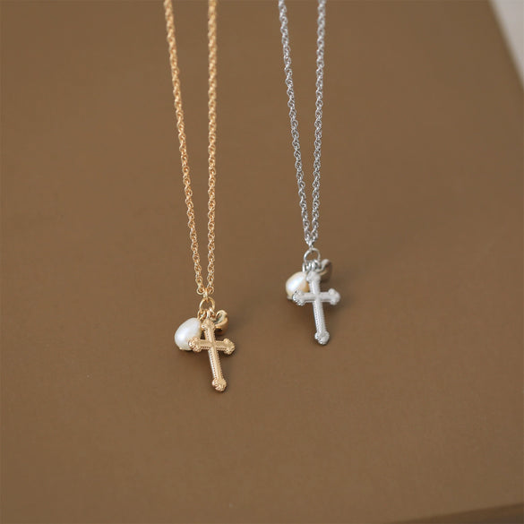 Wholesale Necklace Cross Natural Freshwater Pearl Copper Titanium Steel Electroplating Retro Elegant Heavy Industry Ins Style Unisex