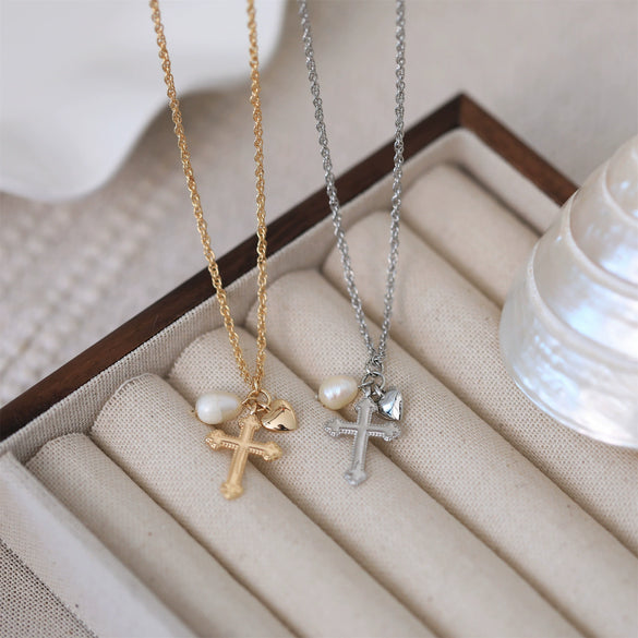 Wholesale Necklace Cross Natural Freshwater Pearl Copper Titanium Steel Electroplating Retro Elegant Heavy Industry Ins Style Unisex