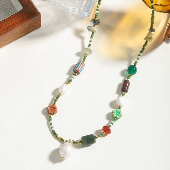 Wholesale Necklace Czech Beads Natural Freshwater Pearls Red Agate Copper Geometric Electroplated O Word Chain For Women