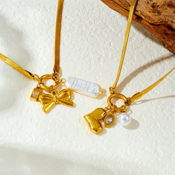 Wholesale Necklace Fashion Retro Gold Plated Stainless Steel Bow Pendant Accessories