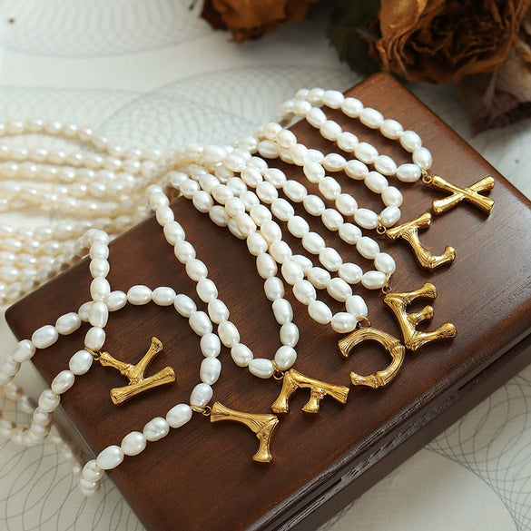 Wholesale Necklace Freshwater Pearl Chain 316L Stainless Steel Gold Plated Letter Pendant