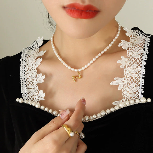 Wholesale Necklace Freshwater Pearl Chain 316L Stainless Steel Gold Plated Letter Pendant