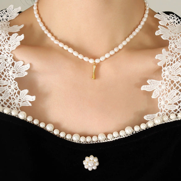 Wholesale Necklace Freshwater Pearl Chain 316L Stainless Steel Gold Plated Letter Pendant