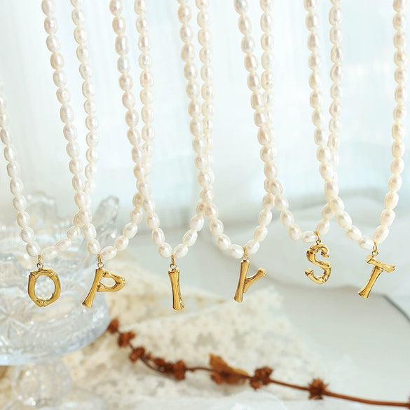 Wholesale Necklace Freshwater Pearl Chain 316L Stainless Steel Gold Plated Letter Pendant