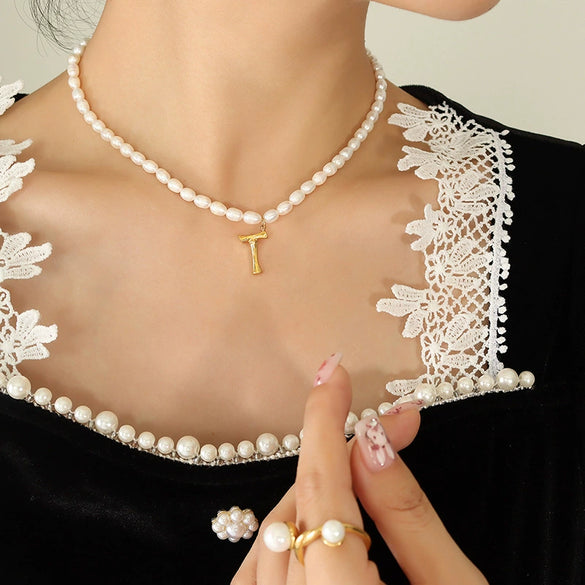 Wholesale Necklace Freshwater Pearl Chain 316L Stainless Steel Gold Plated Letter Pendant