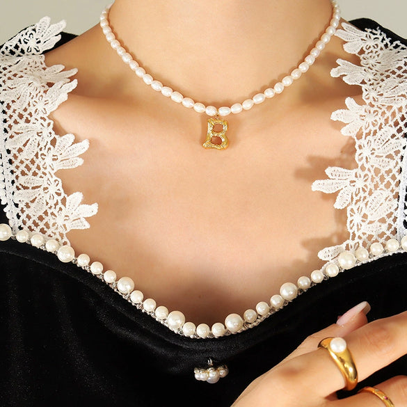Wholesale Necklace Freshwater Pearl Chain 316L Stainless Steel Gold Plated Letter Pendant