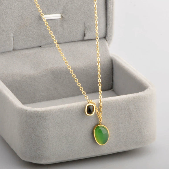 Wholesale Necklace Green Agate Irregular Double Pendant Clavicle Chain Titanium Steel 18K Gold Plated Geometric Style