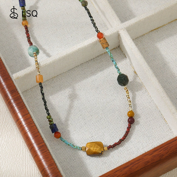 Wholesale Necklace Handmade Natural Stone Czech Beads Stainless Steel Geometric Style