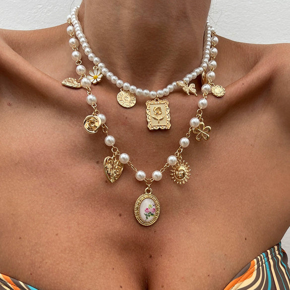 Wholesale Necklace Imitation Pearl Alloy Acrylic Geometric Electroplating Retro Animal Style Pendant